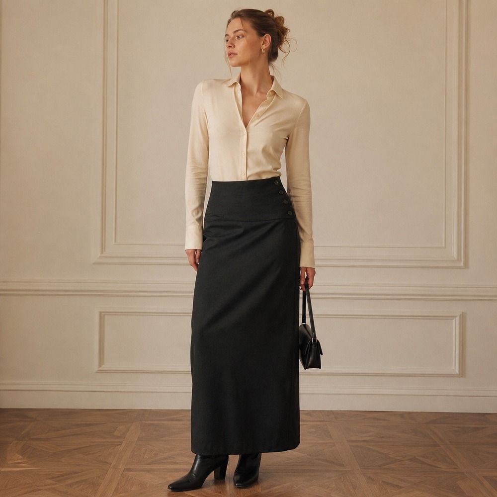 Vintage Harvé Benard Wool Maxi Skirt Women's 8 Black Side Button